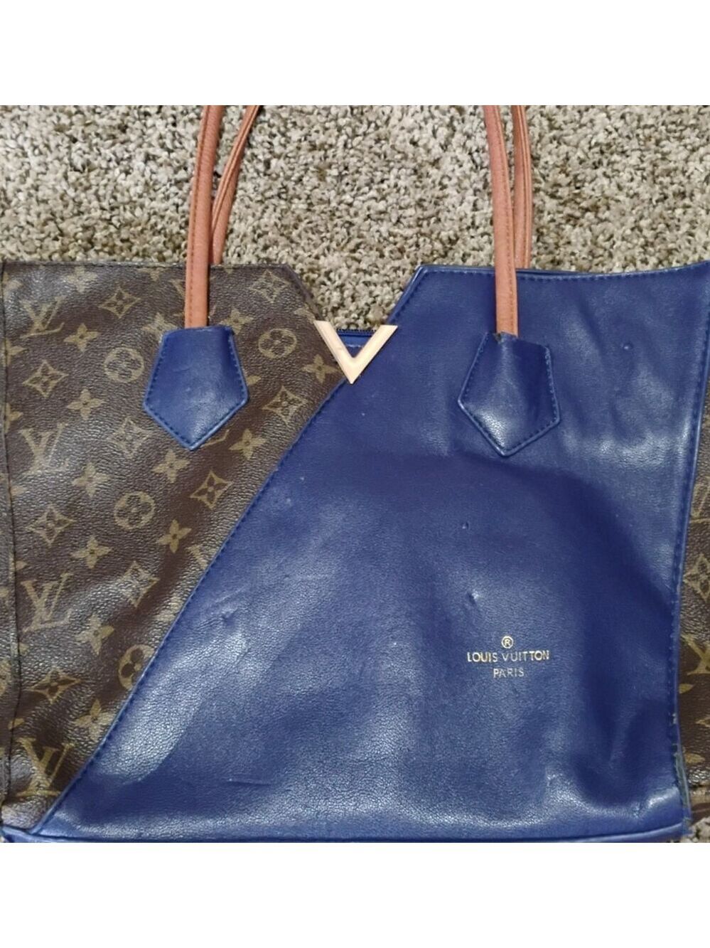 LV Blue & Brown Monogram Leather Tote with Tan Handles